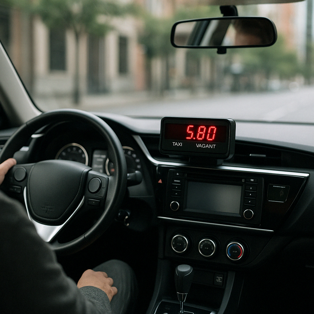 택시 안의 미터기와 운전석 장면으로&amp;#44; 택시 요금을 물어볼 때의 실제 분위기를 전달합니다.