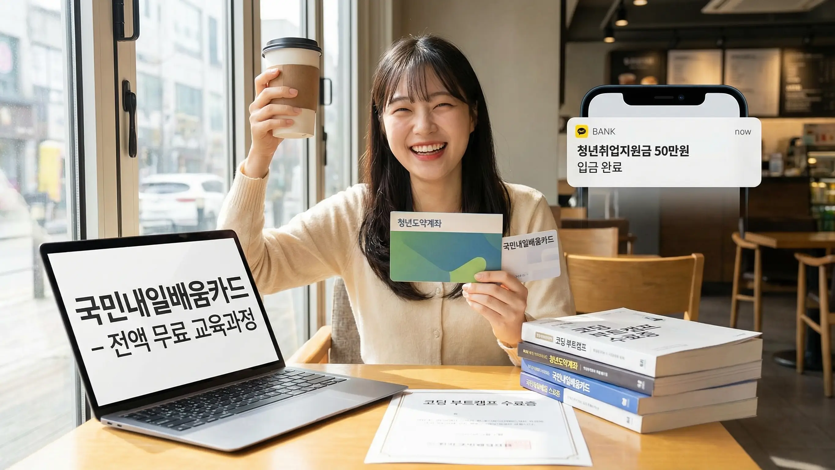 학원비 걱정 없이 무료로 수업을 듣고 통장으로 지원금까지 받는 행복한 취업 준비생의 모습