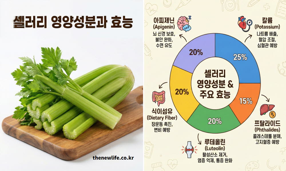 셀러리 효능을 구성하는 다양한 비타민과 필수 영양 성분을 종합적으로 설명하는 이미지