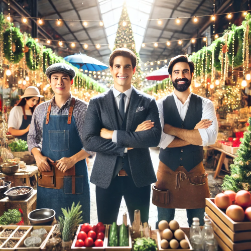 전통 시장에서 명절 준비를 하는 소상공인들, 활기찬 분위기와 전통적인 시장 환경