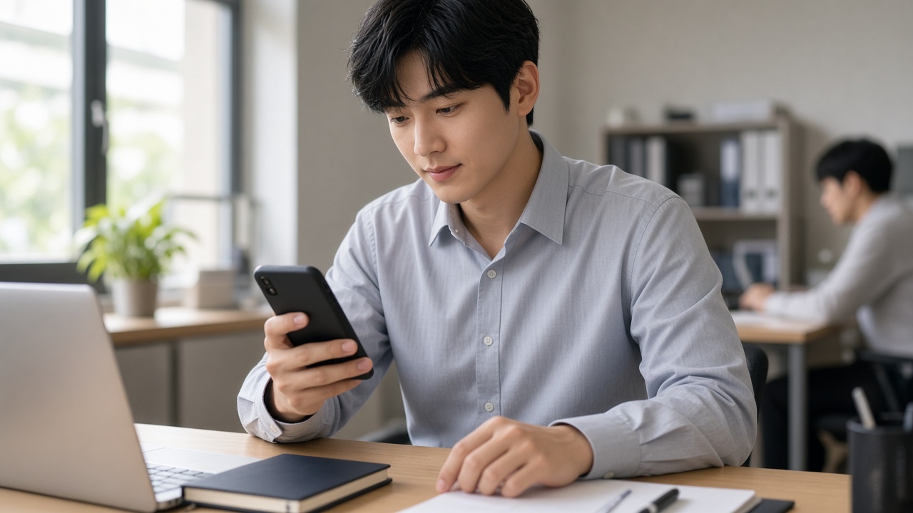회사 책상에서 스마트폰 은행 앱으로 청약통장 납입 내역을 확인하는 20대 한국인 남성 직장인