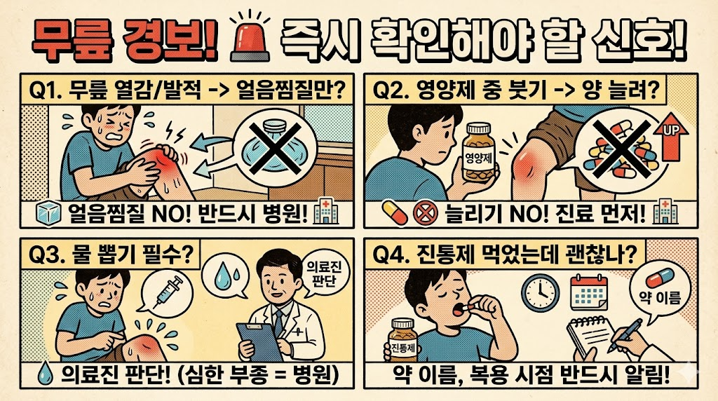 무릎 부종과 열감 관련 자주 묻는 질문 4가지를 정리한 Q&A 웹툰형 인포그래픽