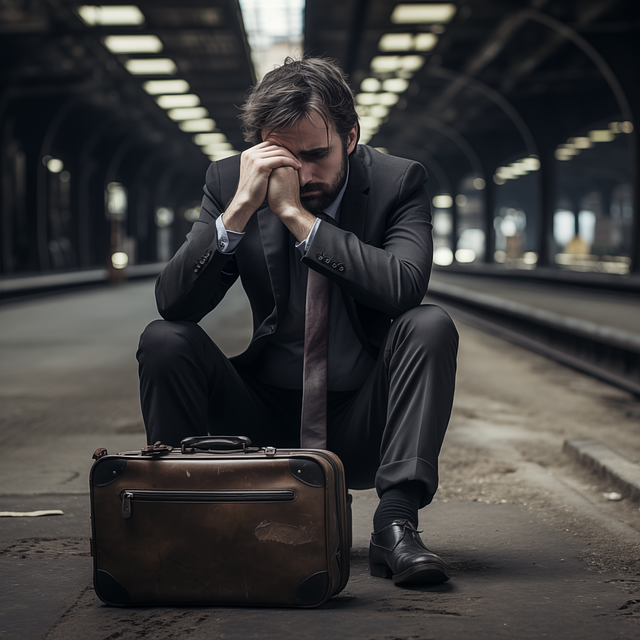 정장입은 남자가 고개를 숙이고 쭈그리고 앉아있는 사진