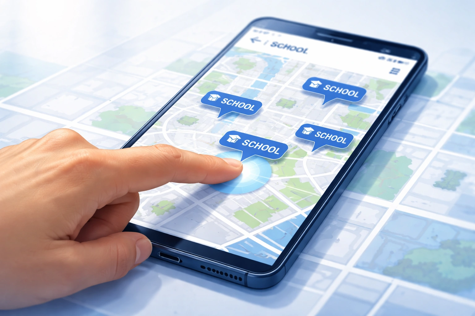 스마트폰 화면에서 지도 기반으로 학교 위치를 확인하며 버튼을 누르는 장면