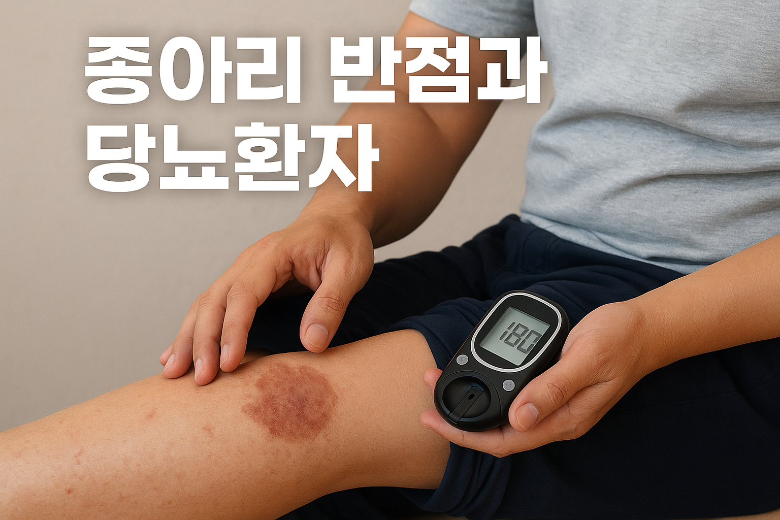 당뇨 환자가 종아리에 나타난 갈색 반점을 손으로 살피며 혈당 측정기를 들고 있는 모습. 혈당기는 180을 표시하고 있으며, 화면 왼쪽 상단에는 ‘종아리 반점과 당뇨환자’라는 한글 문구가 크게 쓰여 있다.