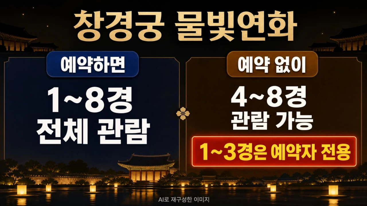 창경궁 물빛연화 예약자는 1경부터 8경까지 관람하고 예약 없이 4경부터 8경까지 관람 가능한 안내