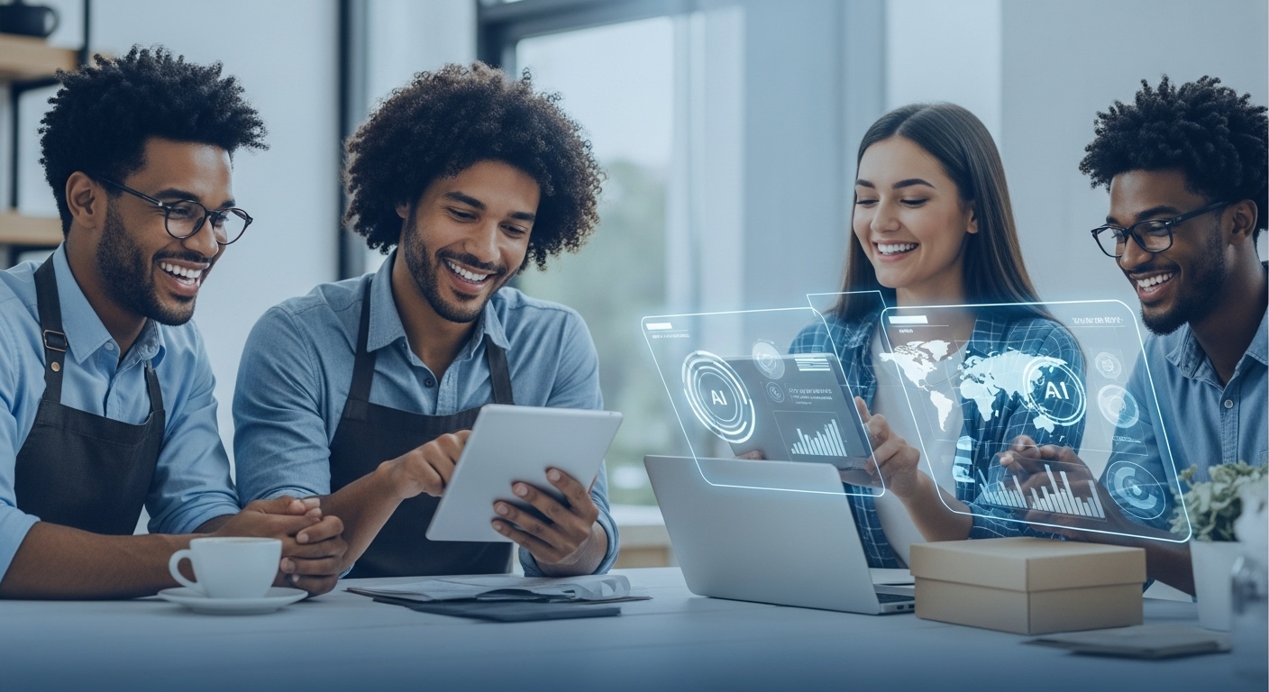 다양한 소상공인들이 디지털 기기를 보며 2026년 정부 지원 정책과 AI 활용으로 사업 성장에 대한 희망을 나누는 모습.