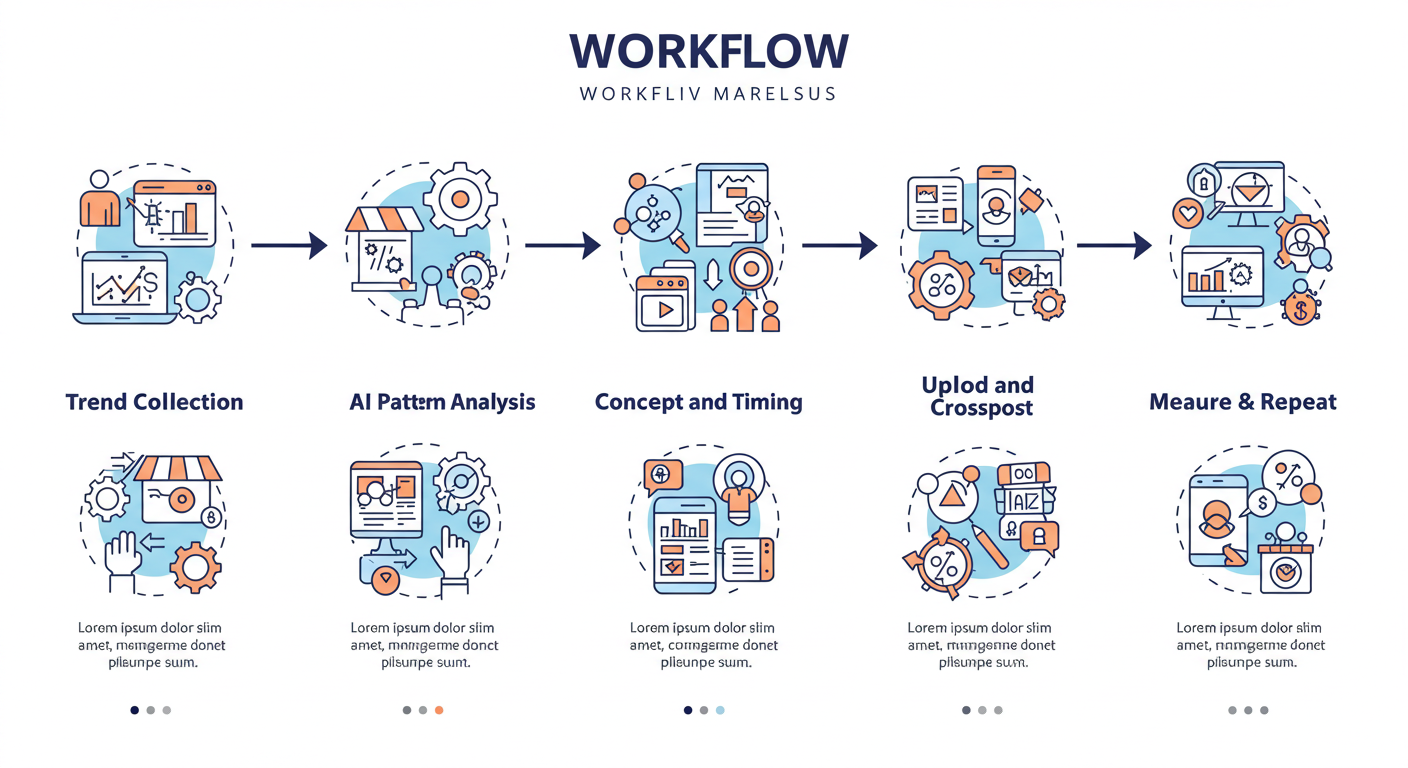 트렌드 수집&rarr;AI 패턴 분석&rarr;콘셉트 생성&rarr;오버레이 타이밍&rarr;캡션&middot;해시태그&rarr;썸네일&rarr;업로드&middot;배포&rarr;성과수집 리핏으로 이어지는 릴스 밈 제작 흐름도