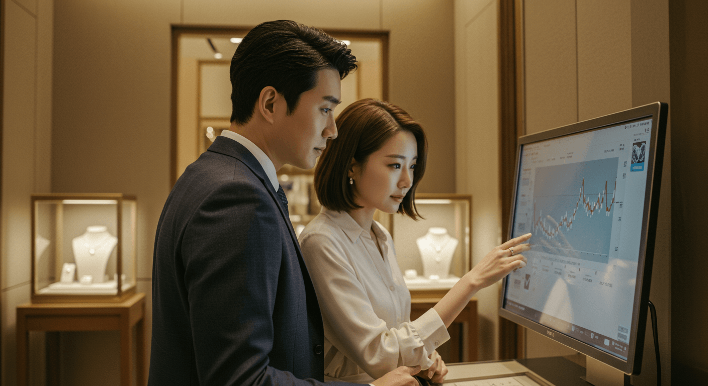 한국인 커플이 보석 매장에서 다이아 가격 차트를 확인하는 장면 1