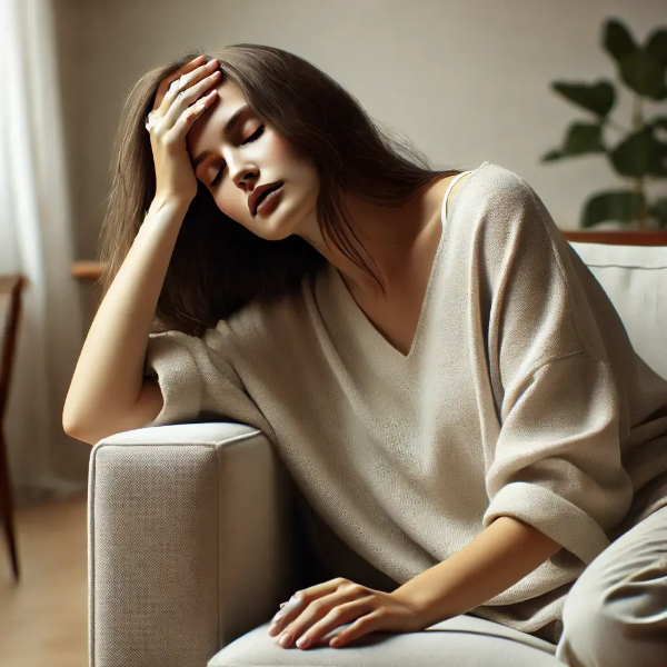 어지럼증을 느끼며 머리를 짚은 여성이 소파에 앉아 있는 모습 – 중성톤 거실 배경