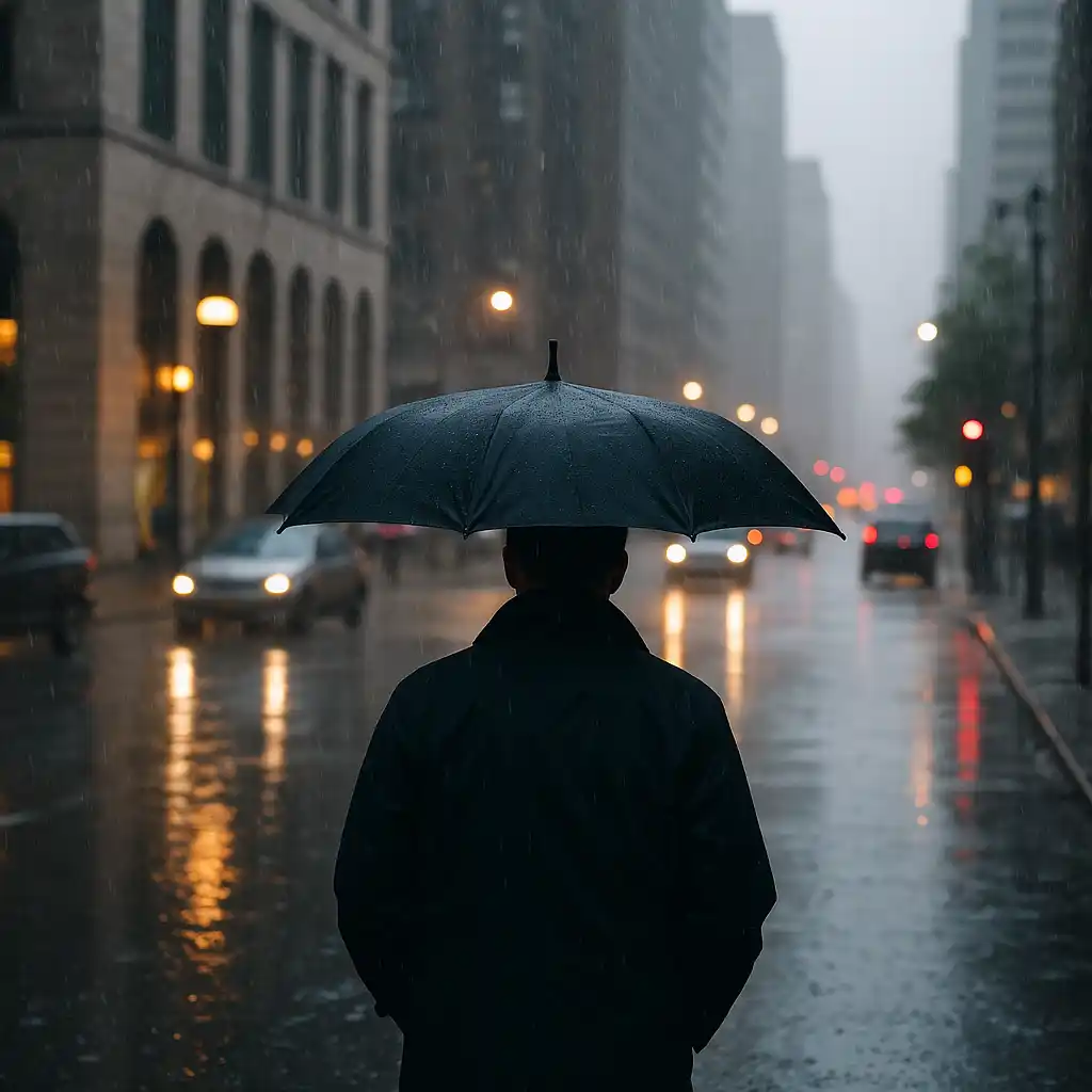 비 오는 도시 거리에서 검은 우산을 쓰고 걷는 사람
