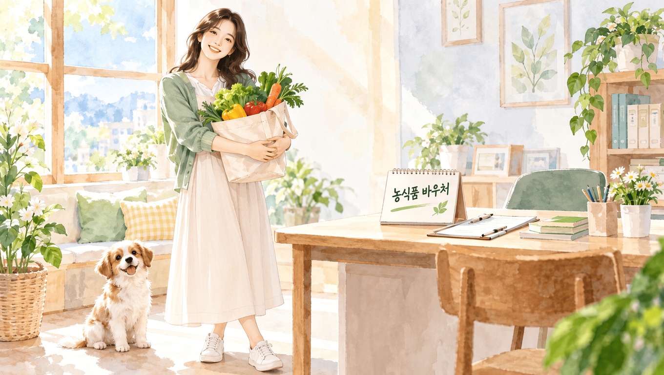 야채 꾸러미를 들고 행복해 아는 아가씨와 귀여운 강아지