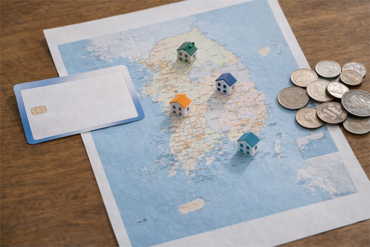 대한민국 지도와 동전&amp;#44; 지역카드 소품으로 지역별 지급 차이를 상징한 장면 