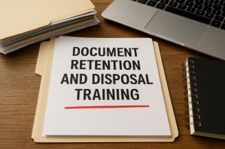 문서 보존 및 파기 교육 자료가 놓인 책상 위 이미지