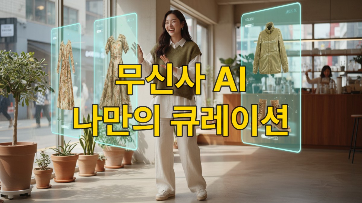 패션 아이템을 홀로그램 인터페이스로 보며 AI와 소통하는 밝은 모습의 젊은 한국 여성, 2026년 AI 패션 추천의 미래를 보여줌.
