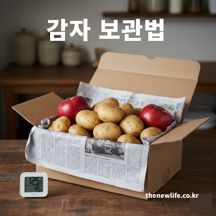 감자 보관법-감자를 사과와 함께 신문지로 감싸 종이박스에 보관하는 장면.