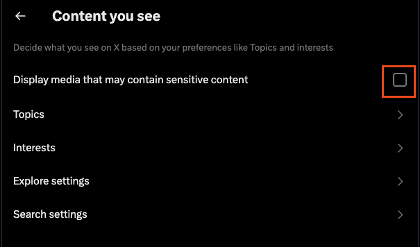 트위터 설정 민감한 내용을 표시할 수 있는 미디어 표시(Display media that may contain sensitive content)를 설정 하는 화면