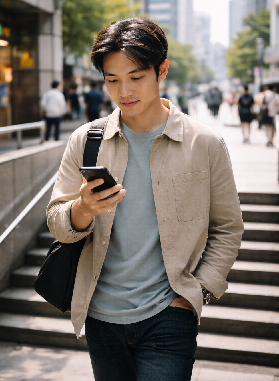 스마트폰을 보며 이동하는 일상 속 디지털 금융 생활 장면