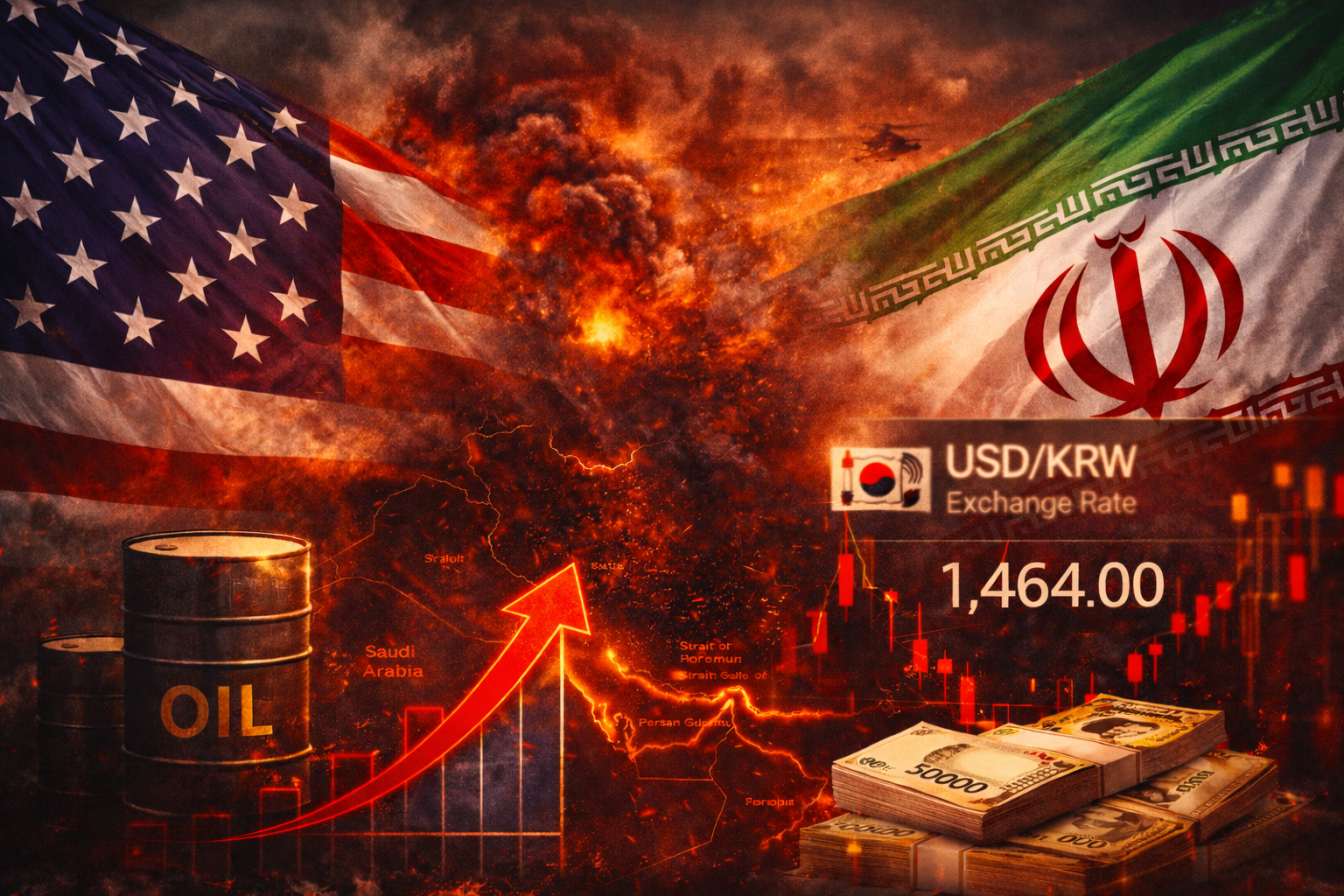 미국 이란 갈등과 국제유가 환율 변동을 상징하는 이미지 (AI 직접 작성)