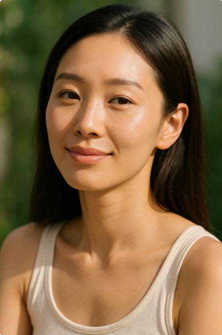 자연광 아래 건강한 피부톤의 여성 초상 &mdash; 혈행과 대사 균형으로 맑아진 피부를 상징