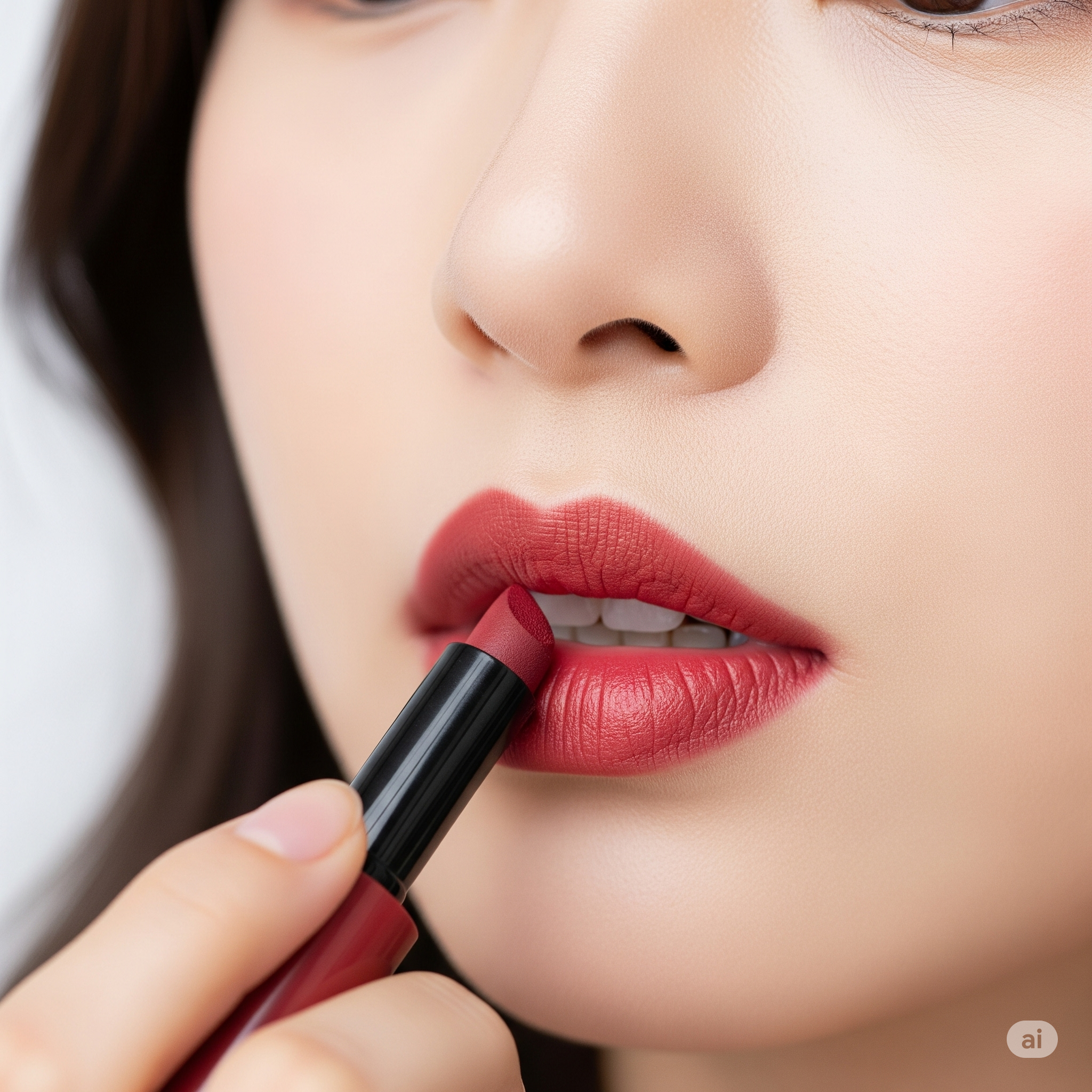 입술에 에뛰드 포근픽싱틴트를 얇게 펴 바르며 메이크업하는 한국인의 모습