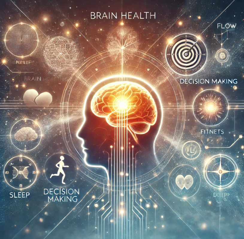 중심에는 건강하게 빛나는 뇌 이미지가 있고, 뇌에서 세 방향으로 에너지 라인이 뻗어나가며 각각 '브레인 헬스', '의사결정', '몰입'을 시각화함. 브레인 헬스는 뉴런과 운동, 수면, 식단 아이콘과 연결되고, 의사결정은 미로와 나침반, 몰입은 집중하는 사람과 흐르는 듯한 시간감각으로 표현됨. 배경은 밝은 블루와 화이트의 조화로 뇌과학의 정교함과 삶의 변화 가능성을 동시에 전달. 전반적으로 하이테크+감성적인 느낌의 조화