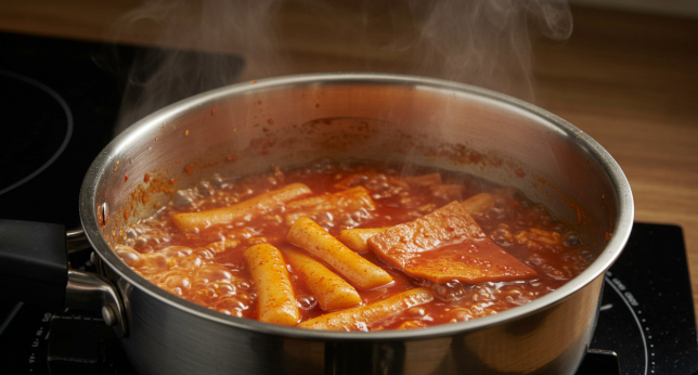 보글보글 끓는 양념장에 말랑해진 떡과 먹기 좋게 썬 어묵이 들어가 익어가고 있다.