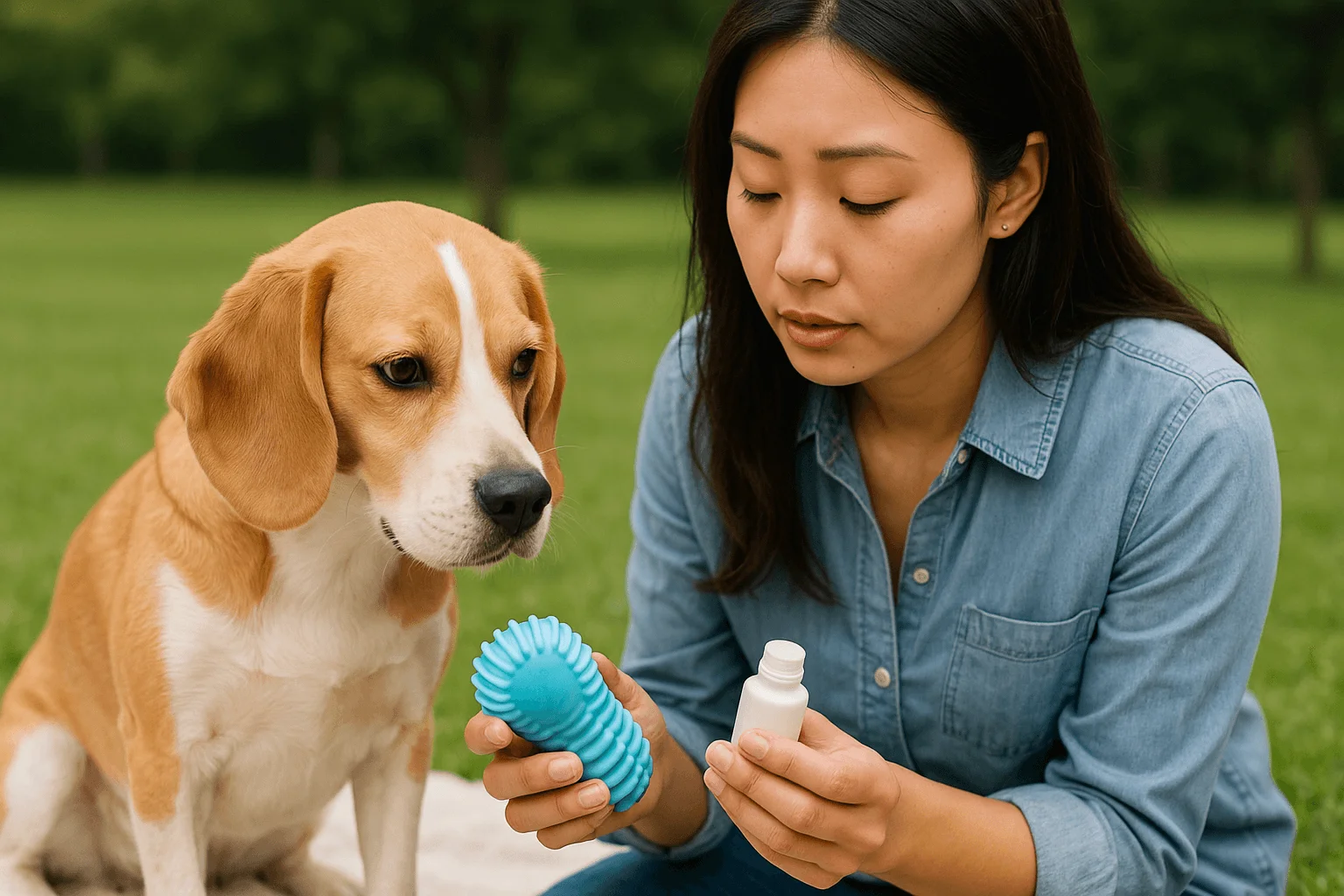 강아지 앞에 장난감과 예방약을 들고있는 보호자
