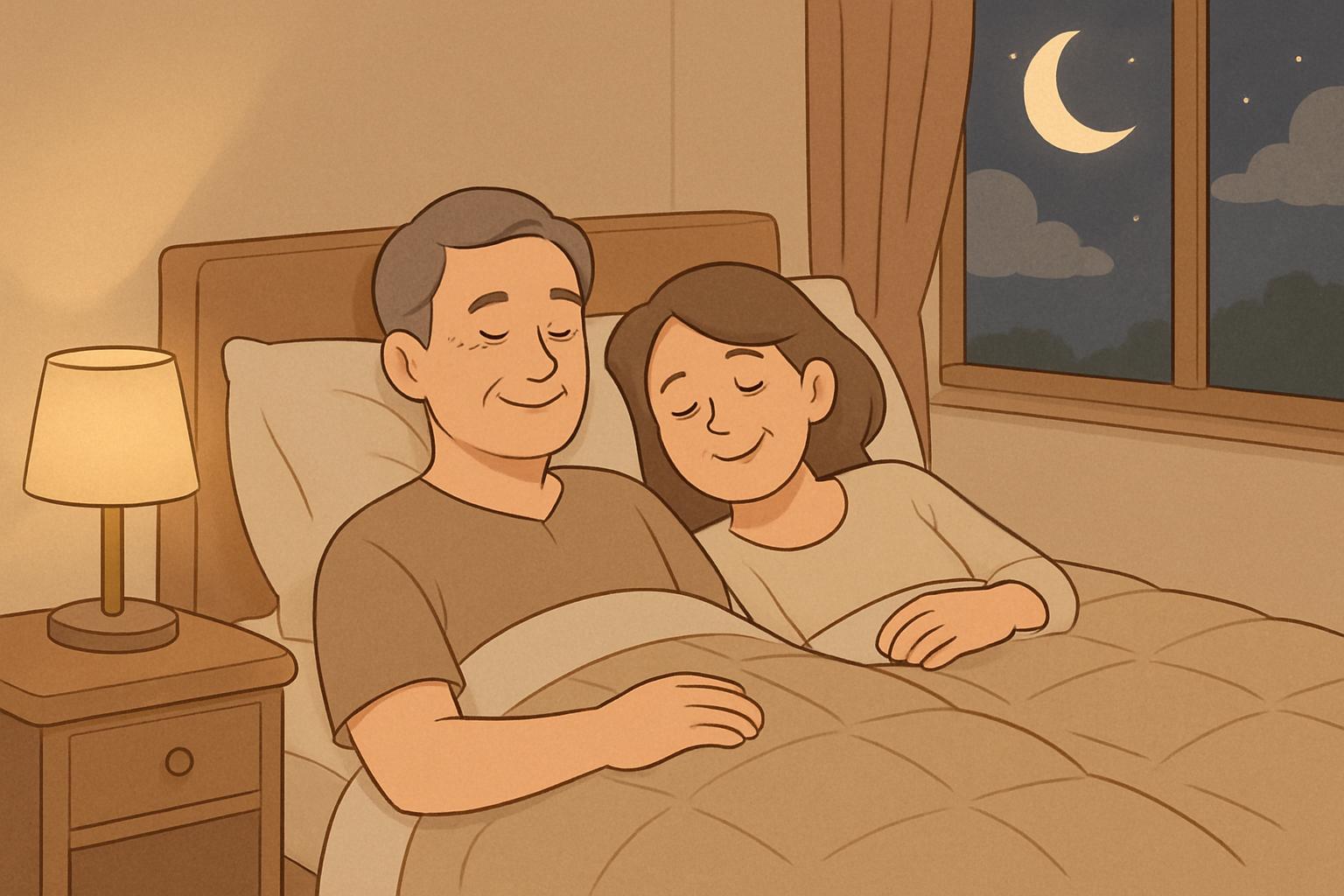 적절한 숙면환경을 만들고 편안한 숙면을 취하는 중년부부의 모습 이미지 만화체 그림