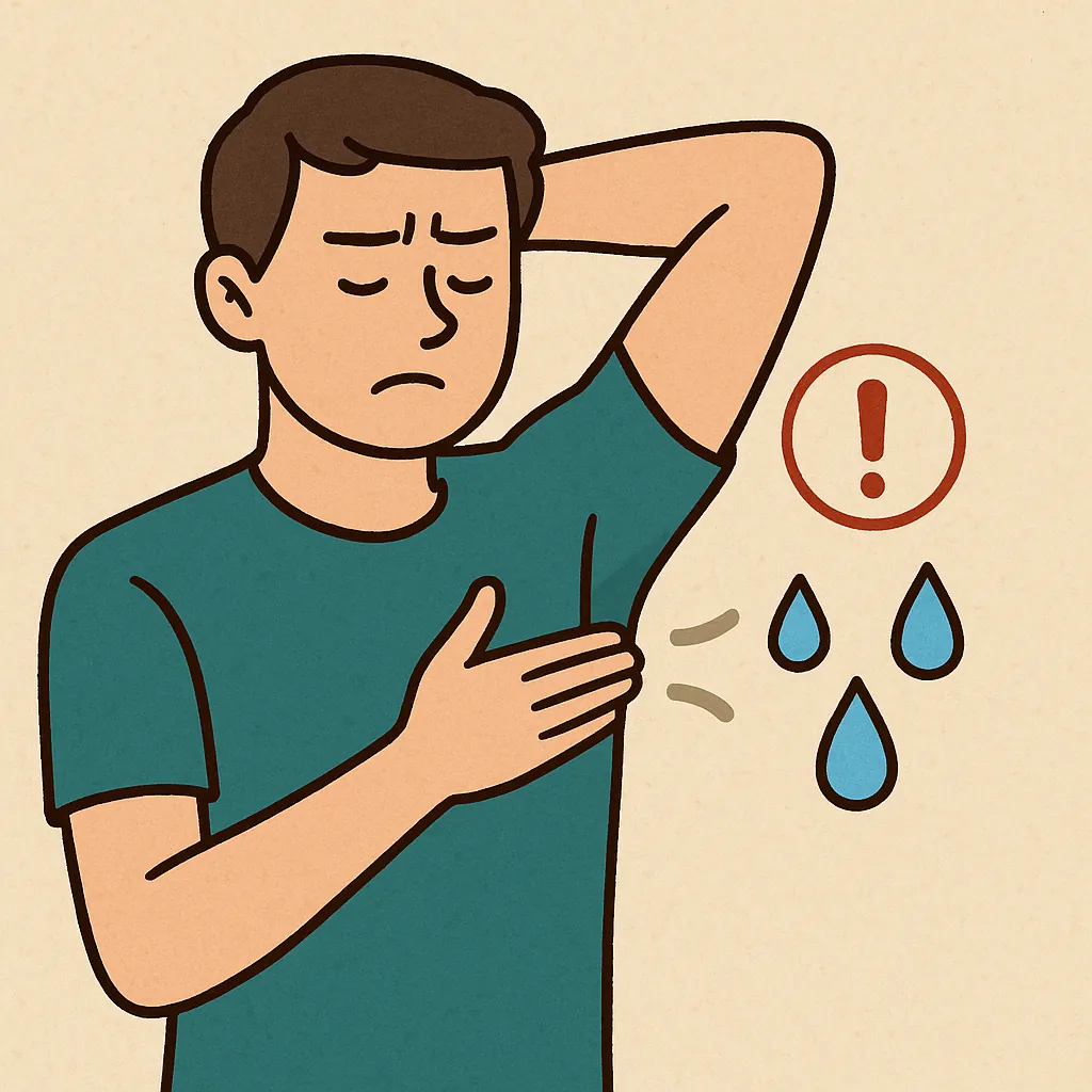 겨드랑이에-땀이-나지-않는-현상을-걱정하는-사람의-표정과-건강-신호를-표현한-시각자료