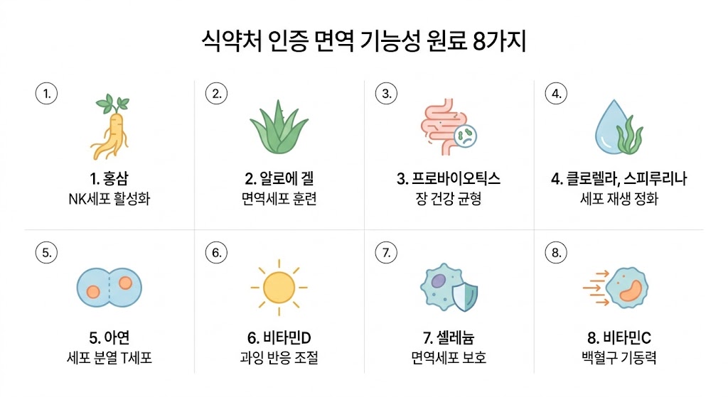 식약처 인증 면역 원료 8가지의 핵심 효능을 담은 이미지입니다. 홍삼, 알로에, 아연, 비타민 등 각 원료가 세포 활성화, 면역 조절, 세포 보호 등 신체 방어 체계에서 담당하는 주요 역할을 아이콘과 핵심 키워드로 직관적으로 설명합니다.
