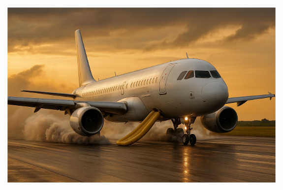 활주로에 비상착륙한 항공기의 모습