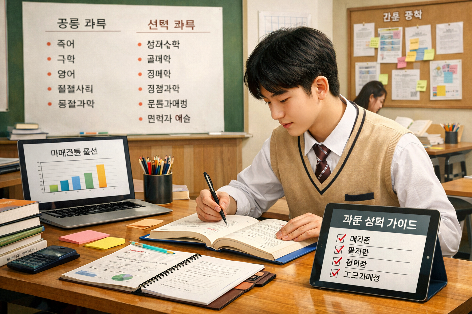 고등학생이 교실에서 스스로 과목을 탐색하며 학습하는 장면