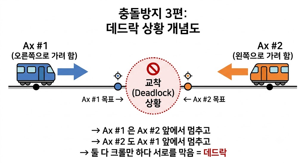 충돌방지 3편 데드락 상황 개념도: 단일 레일에서 Ax#1과 Ax#2가 서로의 앞 지점을 목표로 마주보고 접근하다 둘 다 멈추는 교착(Deadlock)