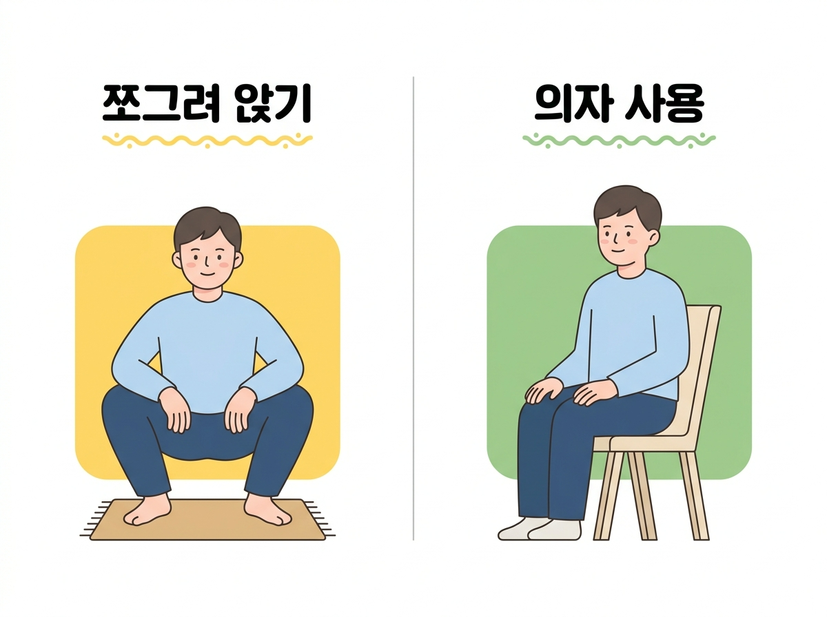 바닥에 쪼그려 앉는 자세와 의자에 앉는 자세를 비교한 한글 일러스트