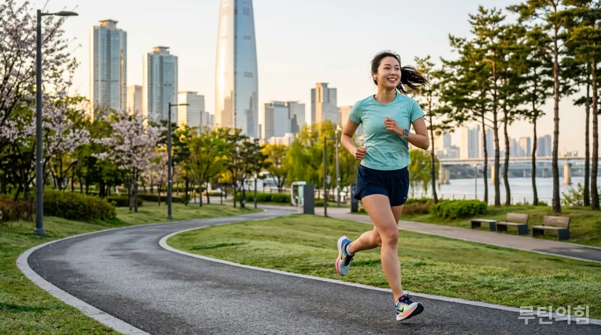 서울의 현대적인 공원에서 활기차게 조깅하는 한국인, 숙면 후 건강한 모습을 보여줌.