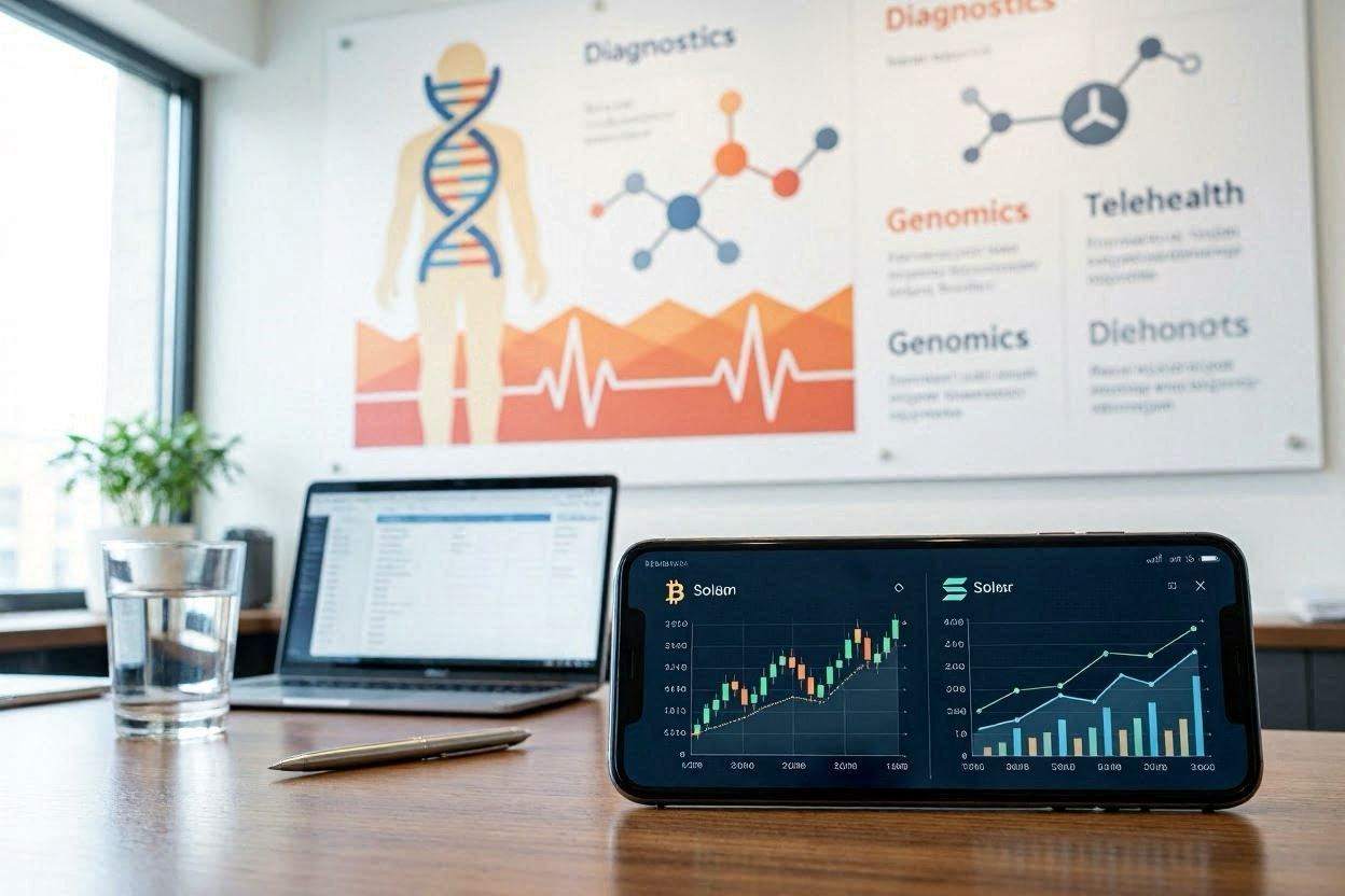 A digital portfolio screen showing a mix of cryptocurrency charts and traditional biotech stock tickers.
