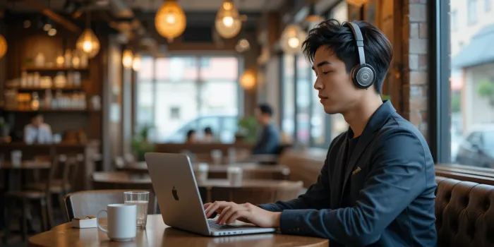 카페에서 노트북하며 명상음악 듣는 남자