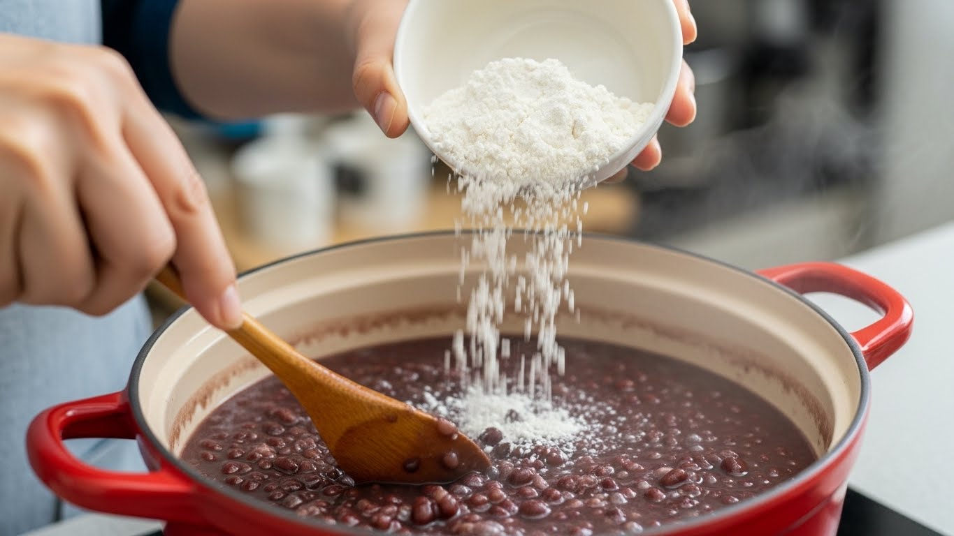 팥물에 쌀가루를 넣고 저어가며 팥죽을 끓이는 모습