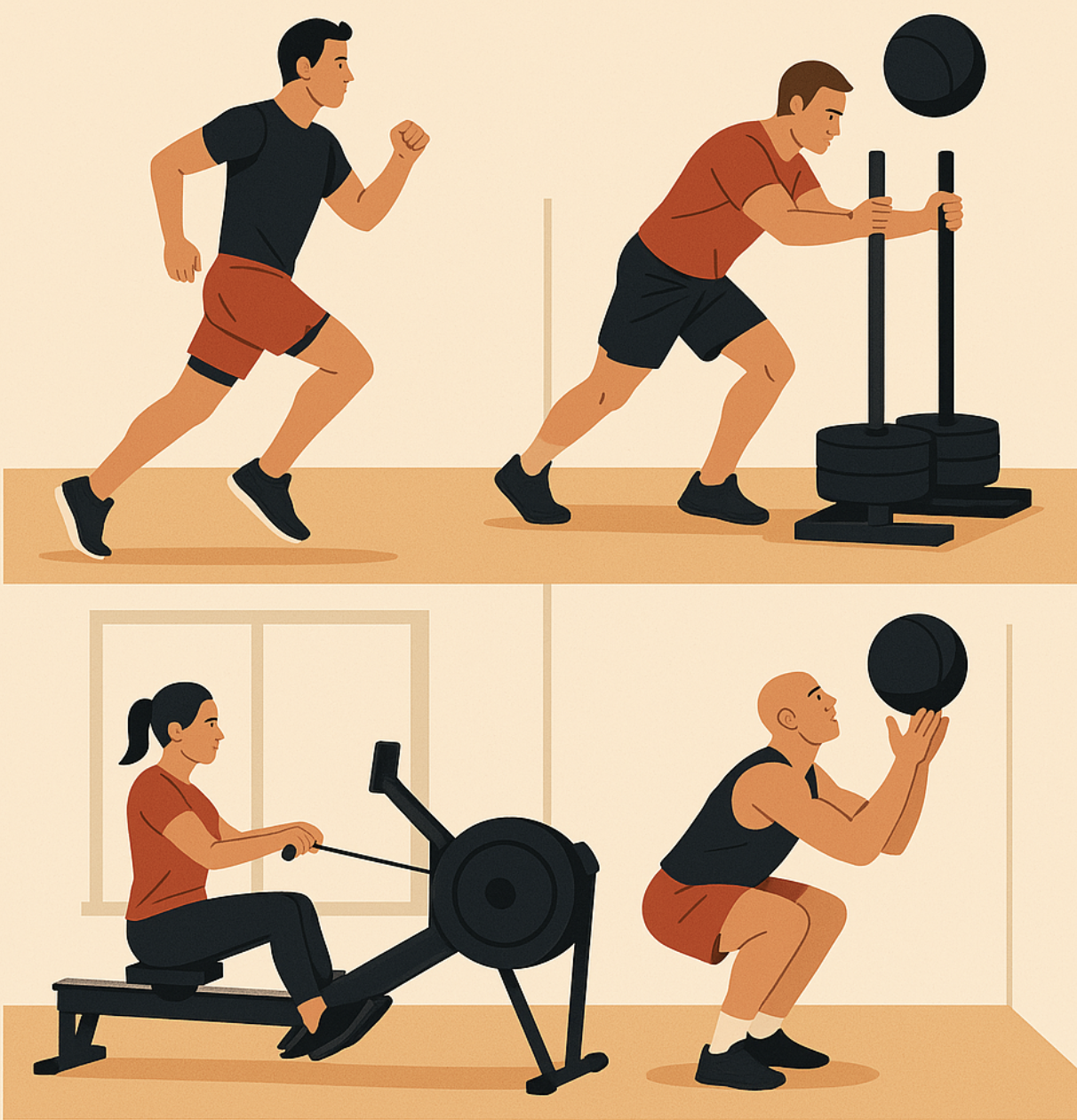 하이록스 챌린지의 4가지 기본 운동을 보여주는 디지털 일러스트. 러닝, 썰매 밀기, 로잉, 농구공 월볼 샷을 수행하는 운동 선수들이 각각 나타나 있다. 이 장면은 실내 체육관에서 따뜻한 색조의 배경으로 구성된 2x2 그리드에 표현되었다.