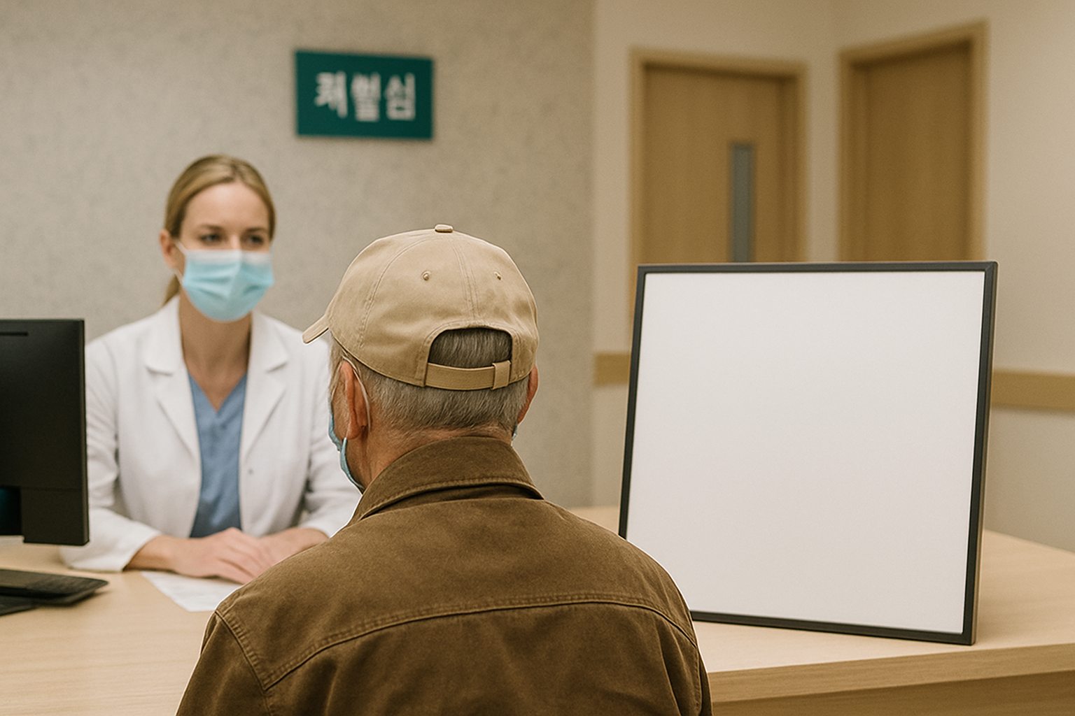 "기초생활수급자 어르신이 병원 접수창구에서 의료급여 상담을 받는 모습"