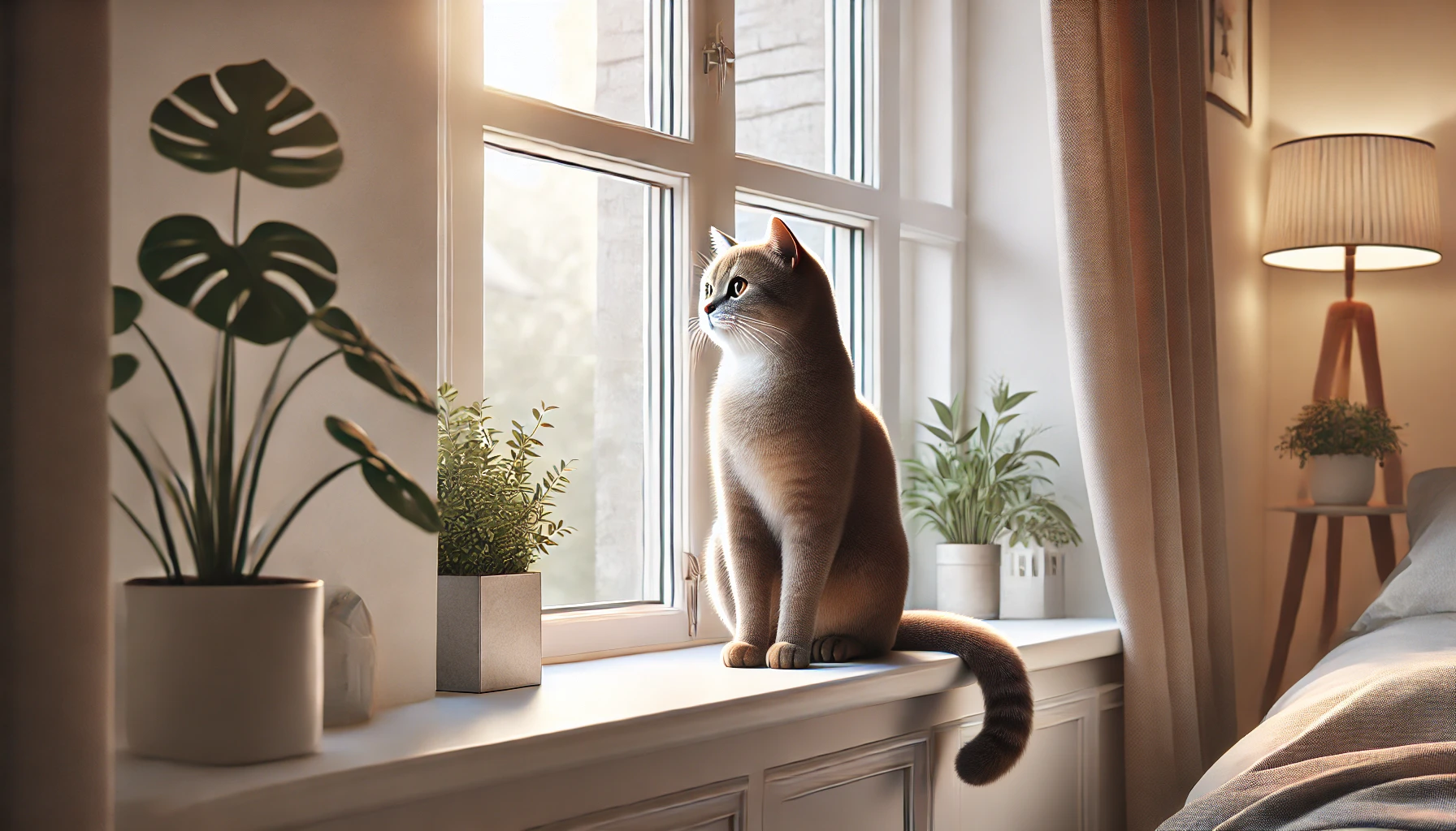 창가에 앉아 밖을 바라보는 고양이 사진