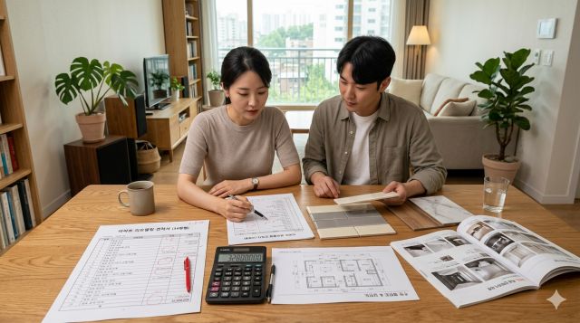 30평 아파트 리모델링 견적서와 타일 샘플, 계산기가 놓인 인테리어 비용 비교 장면