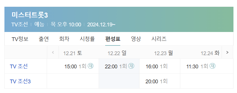 미스터 트롯3 재방송 시간