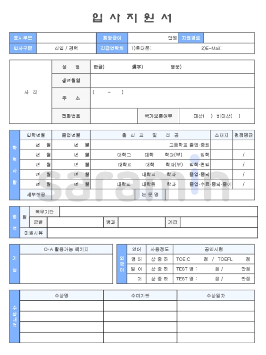 인적 사항과 학력, 경력 등을 표로 정리한 가장 기본적인 이력서 양식
