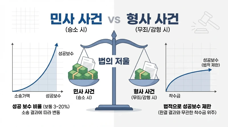 민사 및 형사 사건 성공보수 개념 비교 이미지