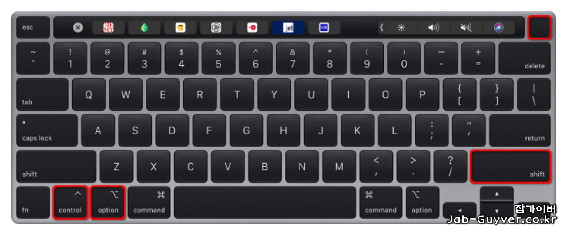 맥북 SMC 리셋 키 조합(Shift+Control+Option+전원 버튼) 안내 이미지