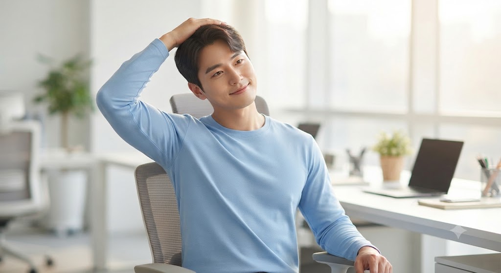 블루 셔츠를 입은 젊은 남성이 사무실 의자에 앉아 왼손으로 머리를 잡고 오른쪽으로 목을 기울이며 스트레칭하는 모습