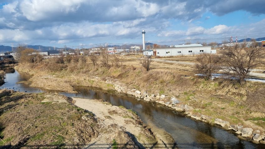 파란 하늘, 흰구름, 가운데 우뚝 솟은 그린타워, S자로 흐르는 실개천 개울에 오리 몇 마리, 개울 너머에 펼쳐지는 들판, 좌 우로 늘어선 건물들,