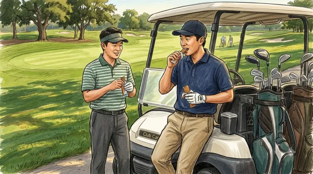라운딩중 에너지바를 먹고 있는 골퍼들 이미지
